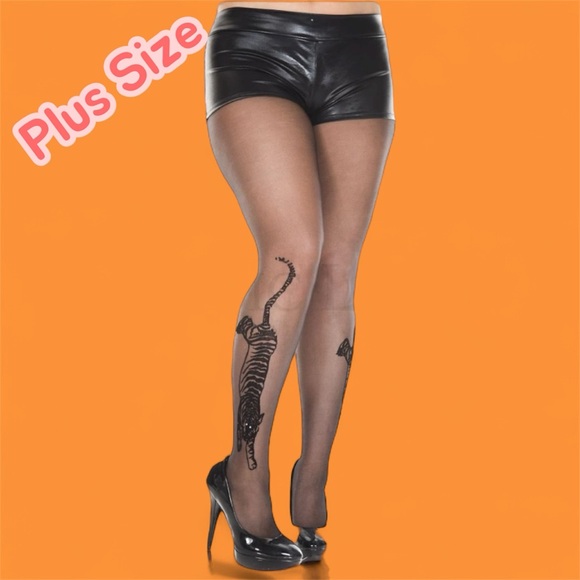 Plus size tiger tattoo print Black sheer pantyhose - Picture 1 of 2